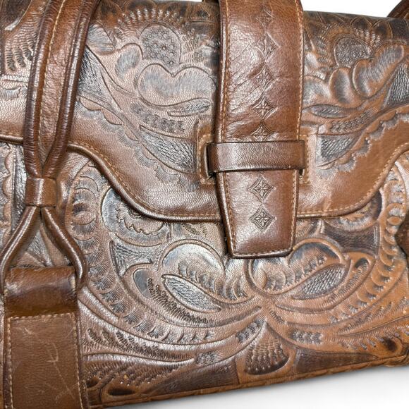 Vintage Tooled Leather‎ Satchel Purse Flores Bags Brown Boho Western Mexico - Picture 3 of 13